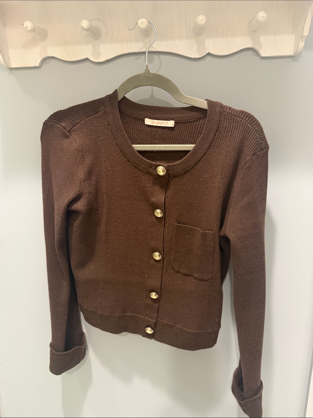 Olivaceous Chocolate Brown Knit Cardigan with Gold Buttons